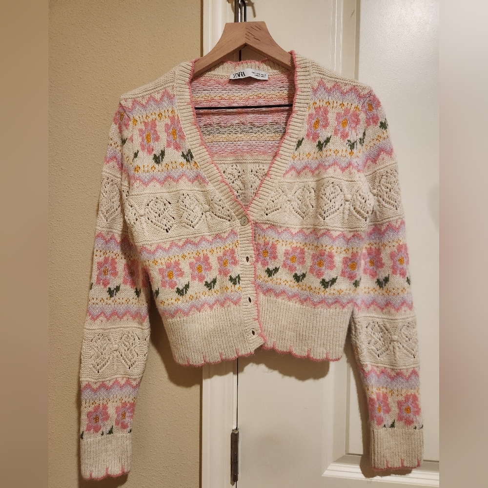 Zara Women's Knit Cardigan - Cream and Pink Floral